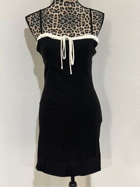 Black Spaghetti Strap Mini Dress with Cream Trim